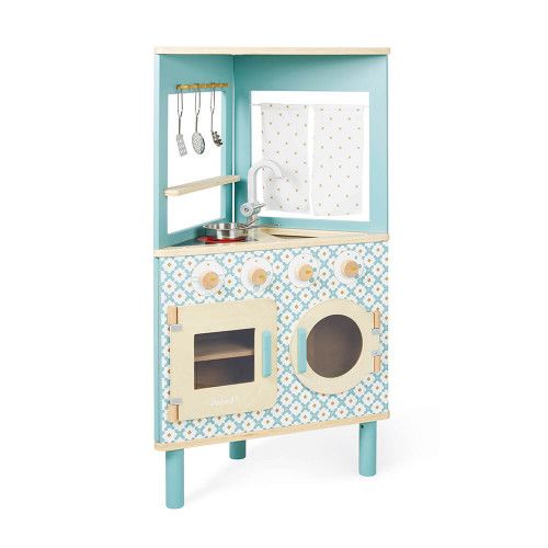 Cuisine trio en bois pour enfant dès 3 ans, beige et bleue, 5 accessoires, imitation, JANOD