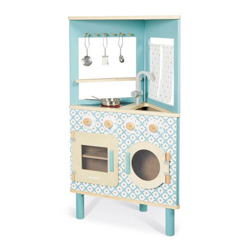 Cuisine trio en bois pour enfant dès 3 ans, beige et bleue, 5 accessoires, imitation, JANOD