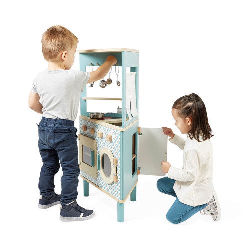 Cuisine trio en bois pour enfant dès 3 ans, beige et bleue, 5 accessoires, imitation, JANOD