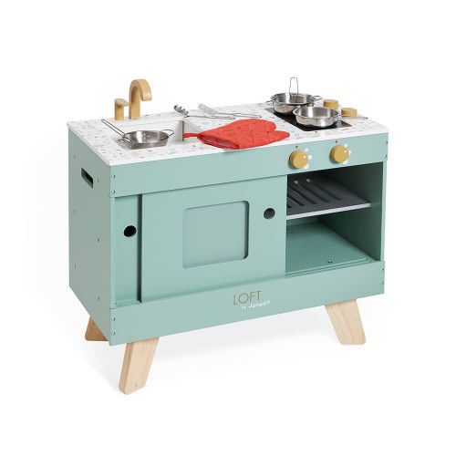 Cuisine Loft en bois pour enfant dès 3 ans, 8 accessoires, portes coulissantes, imitation, JANOD