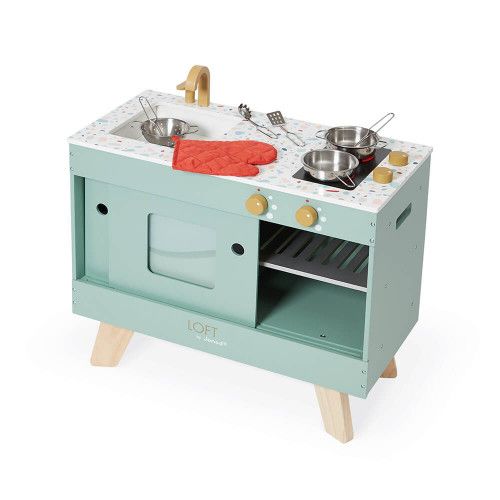 Cuisine Loft en bois pour enfant dès 3 ans, 8 accessoires, portes coulissantes, imitation, JANOD