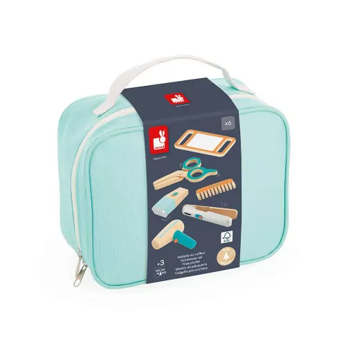 Mallette du coiffeur pour enfant dès 3 ans, accessoires en bois FSC, mallette zippée, imitation métier, JANOD