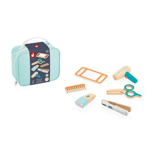 Mallette du coiffeur pour enfant dès 3 ans, accessoires en bois FSC, mallette zippée, imitation métier, JANOD