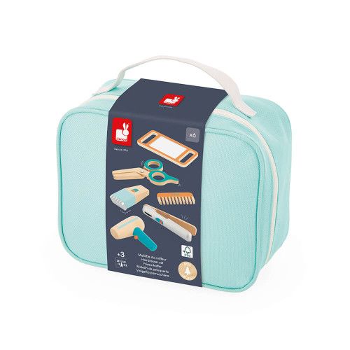 Mallette du coiffeur pour enfant dès 3 ans, accessoires en bois FSC, mallette zippée, imitation métier, JANOD