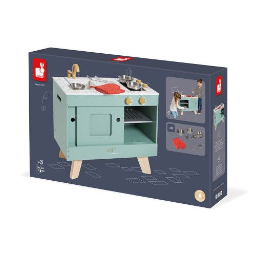 Cuisine Loft en bois pour enfant dès 3 ans, 8 accessoires, portes coulissantes, imitation, JANOD