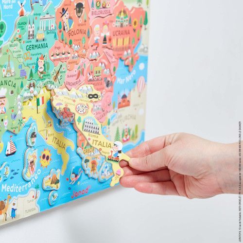 Carte d'Europe Magnétique en bois, italien, puzzle géographie, 40 magnets, enfant à partir de 7 ans JANOD