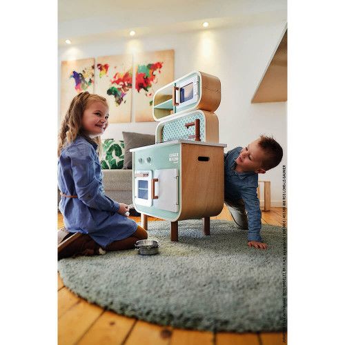 Cuisine en bois massif, cuisine enfant double face pour dinette complète