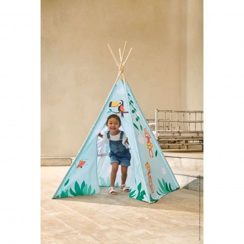 Tipi cabane chambre d'enfant dès 2 ans, en bois et tissu, animaux tropicaux, mobilier Tropik de JANOD