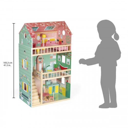 Maison de poupées Happy Day en bois, 12 accessoires, 3 étages, pour enfant à partir de 3 ans JANOD