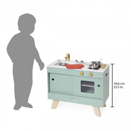 Cuisine Loft en bois pour enfant dès 3 ans, 8 accessoires, portes coulissantes, imitation, JANOD