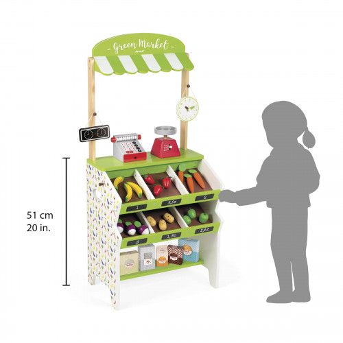 Épicerie Green Market en bois 32 accessoires marchande vert blanc pour enfant à partir de 3 ans