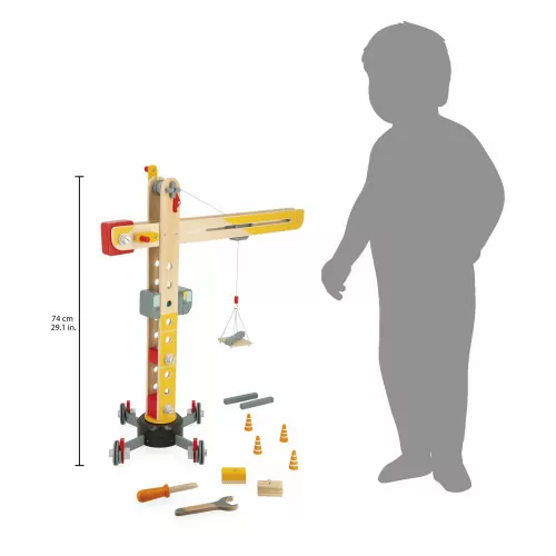 Grue en bois FSC pour enfant dès 3 ans, 10 accessoires et 2 outils, jaune et rouge, engins et bricolage, JANOD