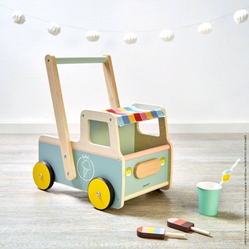 Chariot de marche en bois FSC pour enfant dès 12 mois, marchand de glace, 4 accessoires, pour bébé 1 an, jouet d'éveil JANOD