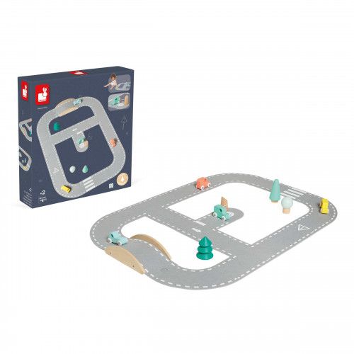 Circuit pour voitures en bois et feutrine, 21 pièces, jeu construction véhicules pour enfant à partir de 2 ans Bolid JANOD