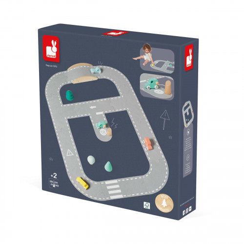 Circuit pour voitures en bois et feutrine, 21 pièces, jeu construction véhicules pour enfant à partir de 2 ans Bolid JANOD