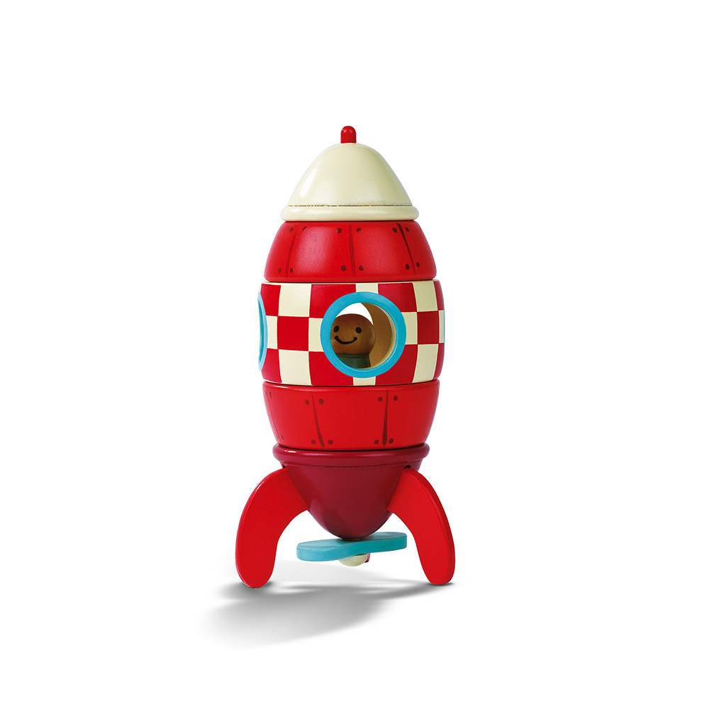 Janod Fusée Magnétique En Bois - Kit Construction Aimanté - Jouet Éveil 2-6 Ans - Fusée Rouge à Monter/Démonter