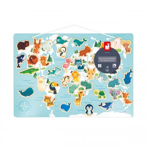 Puzzle magnétique, carte du monde, planisphère animaux, carte aimantée et 40 magnets, pour enfant dès 2 ans JANOD