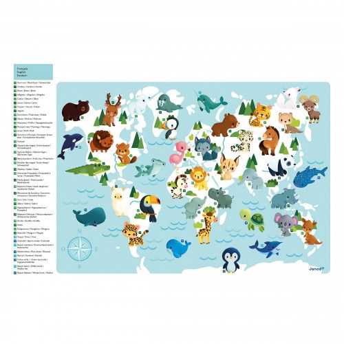 Puzzle magnétique, carte du monde, planisphère animaux, carte aimantée et 40 magnets, pour enfant dès 2 ans JANOD