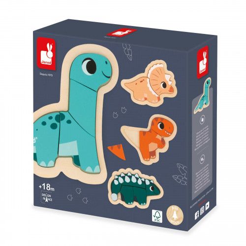 Puzzles en bois bébé, 4 puzzles dinosaures, 2 à 5 pièces, encastrement dinos pour enfant à partir de 18 mois JANOD