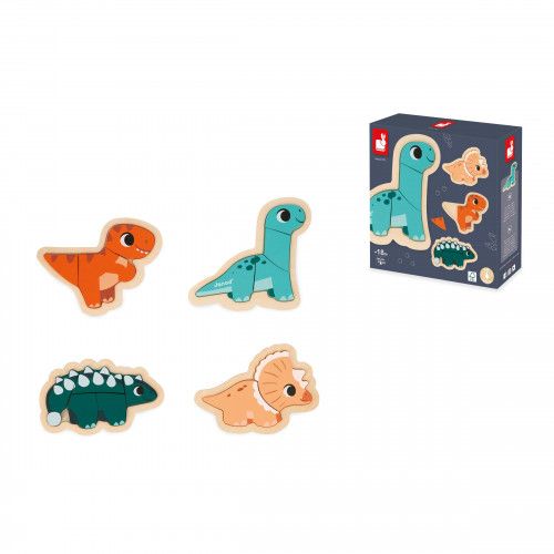 Puzzles en bois bébé, 4 puzzles dinosaures, 2 à 5 pièces, encastrement dinos pour enfant à partir de 18 mois JANOD