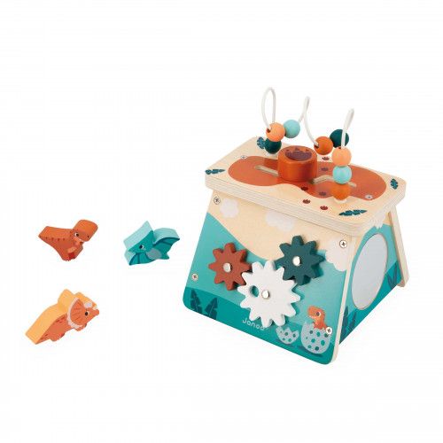 Cube d'activité en bois bébé, volcan multi-activités, jouet d'éveil dino dinosaures pour enfant dès 12 mois / 1 an JANOD