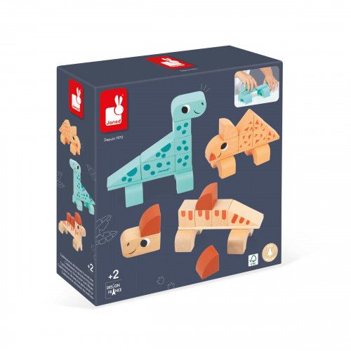 Jeu de construction en bois dinosaures, 3 dinos à construire, 31 pièces, jeu motricité bébé et enfant dès 2 ans JANOD