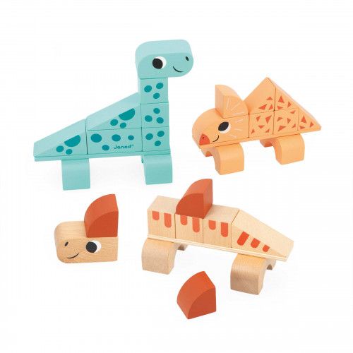 Jeu de construction en bois dinosaures, 3 dinos à construire, 31 pièces, jeu motricité bébé et enfant dès 2 ans JANOD