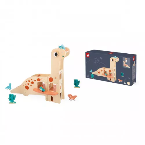 Garage en bois dinosaure, 4 véhicules + accessoires, garage dino Diplodocus, pour bébé et enfant à partir de 2 ans JANOD