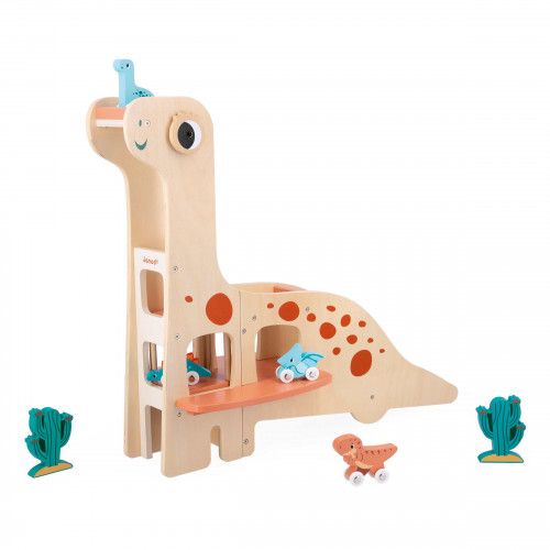 Garage en bois dinosaure, 4 véhicules + accessoires, garage dino Diplodocus, pour bébé et enfant à partir de 2 ans JANOD