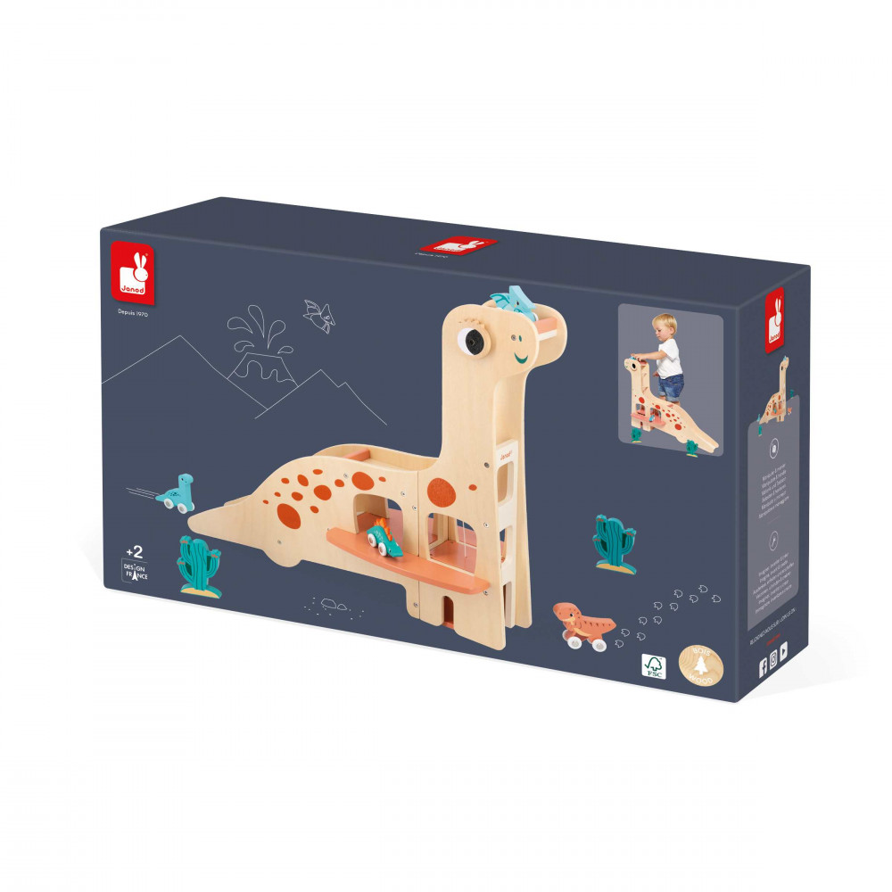 Garage Dino Diplodocus Janod - Jeu Bois 4 Dinosaures à Pousser Avec Ascenseur - Dès 2 Ans