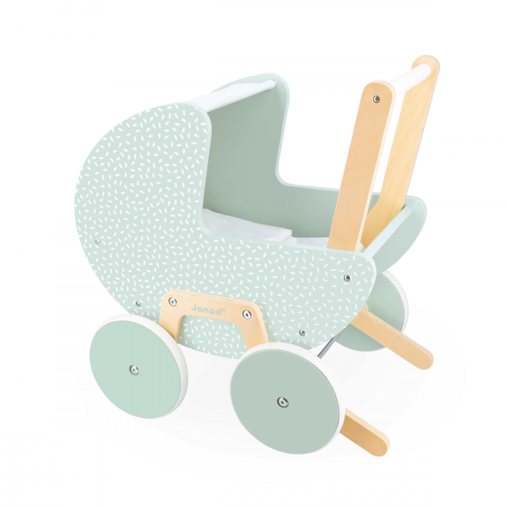 Janod - Candy Chic Wooden Pram - with Pillow and Blanket - Quiet Rubber Wheels - Removable Anti-Tip System - Baby Accessories - from 18 Months Old, J05886