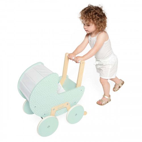 Landau en bois pour poupon, poussette, mobilier poupon, landau vert, jouet imitation pour bébé et enfant dès 18 mois JANOD