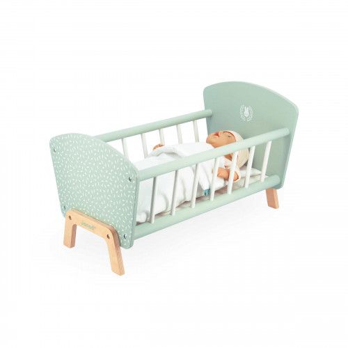 Lit en bois pour poupon, mobilier accessoire poupon, lit vert, jouet imitation enfant dès 3 ans JANOD