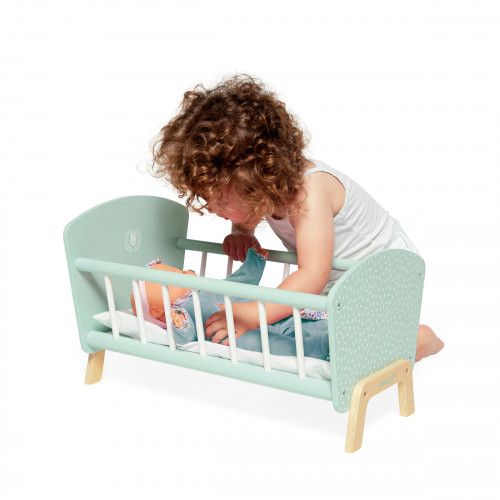 Lit en bois pour poupon, mobilier accessoire poupon, lit vert, jouet imitation enfant dès 3 ans JANOD