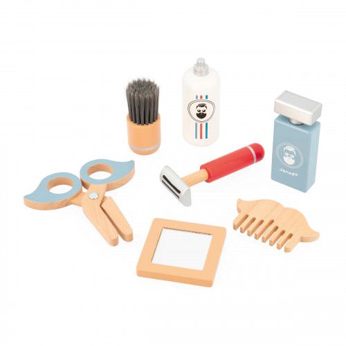 Mallette du barbier, set accessoire barbier en bois, vanity + 7 accessoires, jouet imitation pour enfant dès 3 ans JANOD