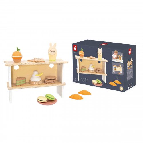 Marchande en bois, stand de pâtisserie et 13 accessoires, gâteaux, jouet imitation, dinette pour enfant dès 3 ans JANOD