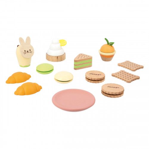 Marchande en bois, stand de pâtisserie et 13 accessoires, gâteaux, jouet imitation, dinette pour enfant dès 3 ans JANOD