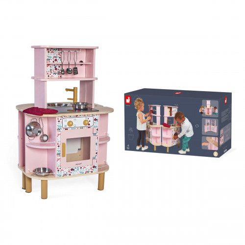 Cuisine en bois, cuisine jouet, dinette + 8 accessoires, sonore + lumineuse, cuisine ouverte double face, enfant dès 3 ans JANOD