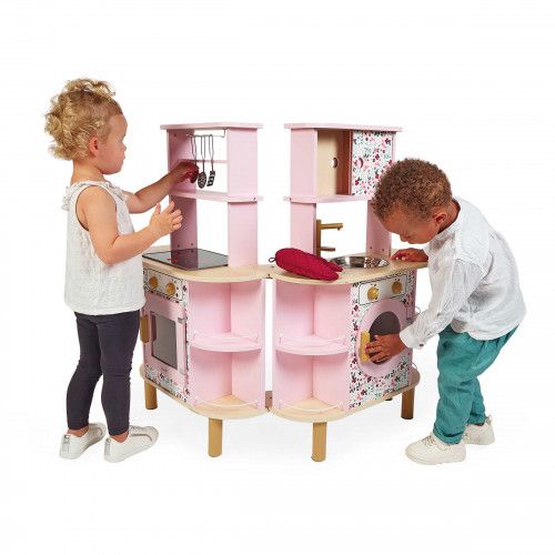 Cuisine en bois, cuisine jouet, dinette + 8 accessoires, sonore + lumineuse, cuisine ouverte double face, enfant dès 3 ans JANOD