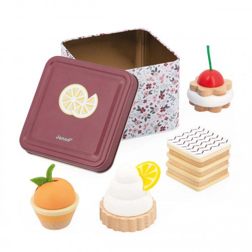 Dinette enfant, set cuisine jouet en bois, pâtisseries, coffret + 4 gâteaux, jouet imitation pour enfant dès 3 ans JANOD