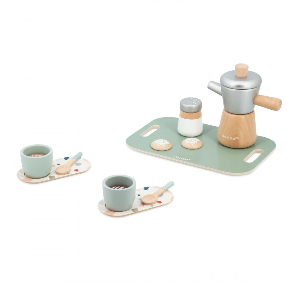 Janod – Petit Café à L’italienne, Set De 13 Accessoires En Bois FSC, Jouet D’imitation Pour Enfant Dès 2 Ans, Service à Café Complet Avec Plateau, Cafetière, Tasses, Biscuits Et Plus