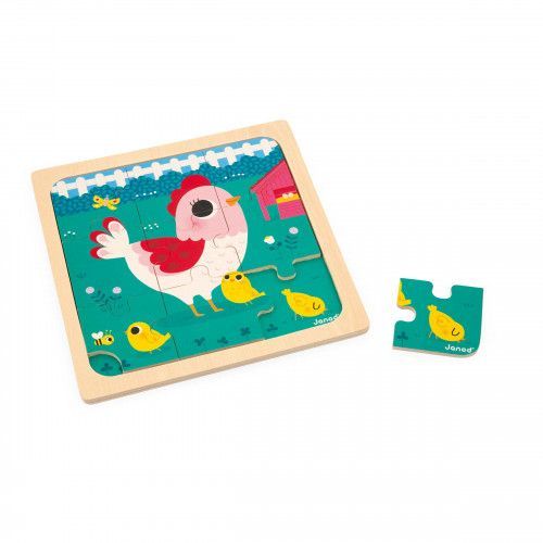 Puzzle bois bébé, puzzle 9 pièces Poulette Henriette, FSC, motricité bébé enfant dès 18 mois JANOD