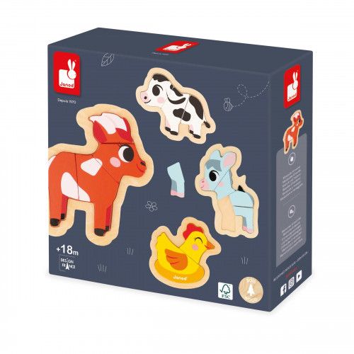 Lot 4 puzzles en bois pour bébé, puzzles évolutifs de 2 à 5 pièces animaux ferme, FSC, motricité bébé enfant dès 18 mois JANOD