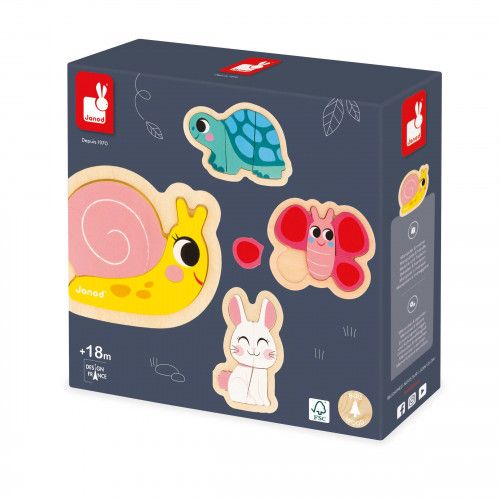 Lot 4 puzzles en bois bébé, puzzles évolutifs de 2 à 5 pièces animaux jardin, FSC, motricité bébé enfant dès 18 mois JANOD