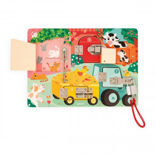 Planche à cadenas en bois, busy board bébé, animaux de la ferme, motricité bébé enfant dès 3 ans JANODBusy board, Planche à cade