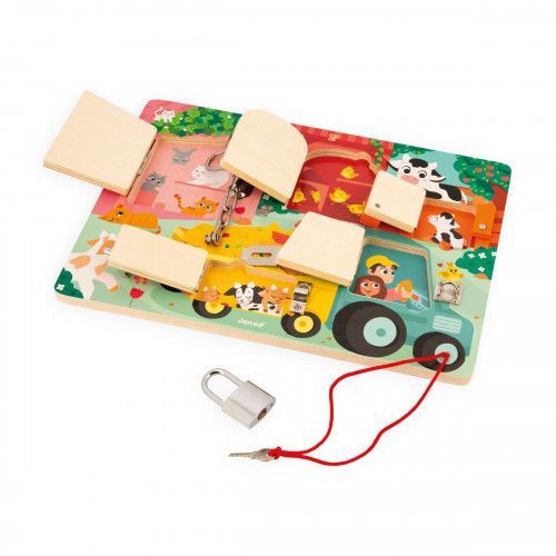 Planche à cadenas en bois, busy board bébé, animaux de la ferme, motricité bébé enfant dès 3 ans JANODBusy board, Planche à cade