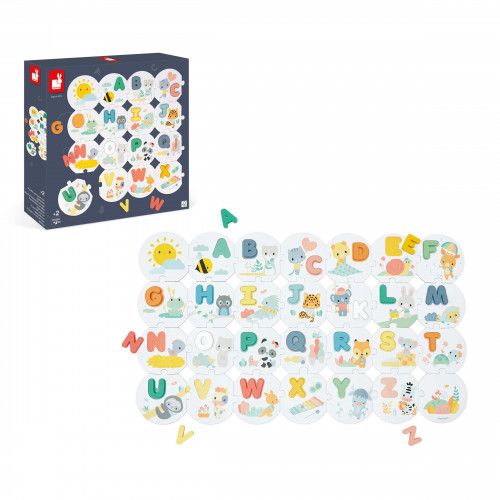 Puzzles bébé en bois et carton, puzzle 28 pièces, lettres alphabet et animaux, motricité enfant dès 2 ans JANOD