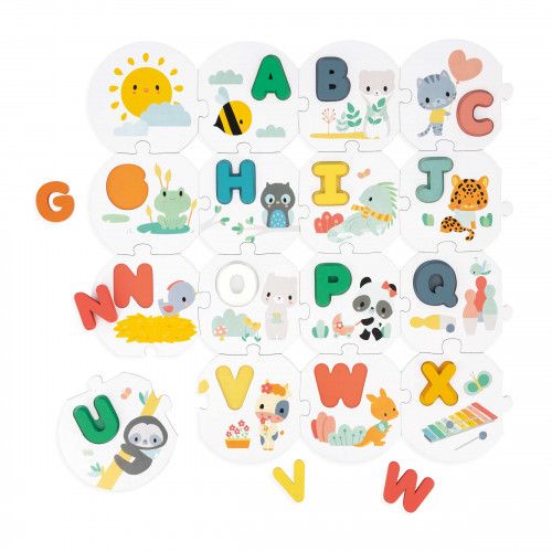 Puzzles bébé en bois et carton, puzzle 28 pièces, lettres alphabet et animaux, motricité enfant dès 2 ans JANOD
