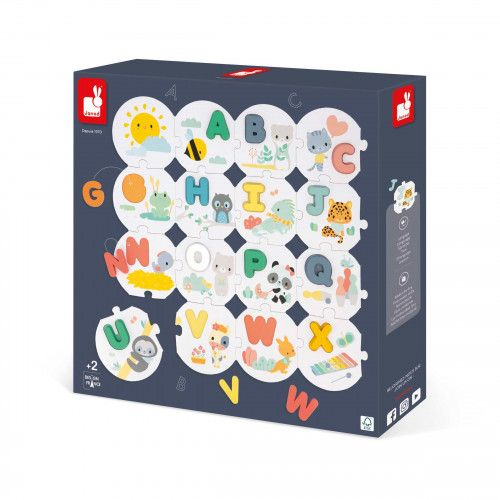 Puzzles bébé en bois et carton, puzzle 28 pièces, lettres alphabet et animaux, motricité enfant dès 2 ans JANOD