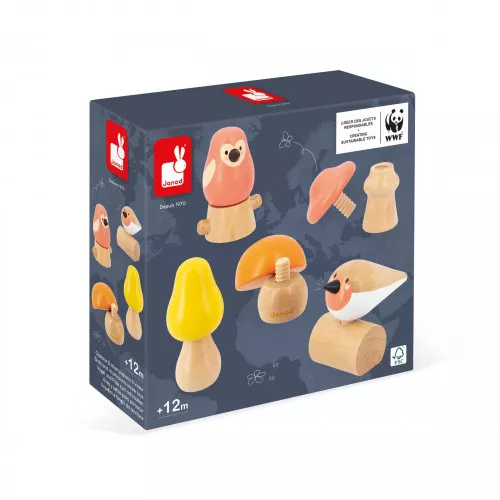 Oiseaux et champignons à visser en bois, jeu motricité fine bébé, 5 pièces bois FSC, pour bébé enfant dès 18 mois JANOD et WWF